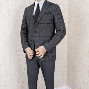 Dark Grey Plaid Three Piece Suit