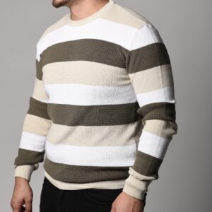 White, Beige and Olive Striped Sweater